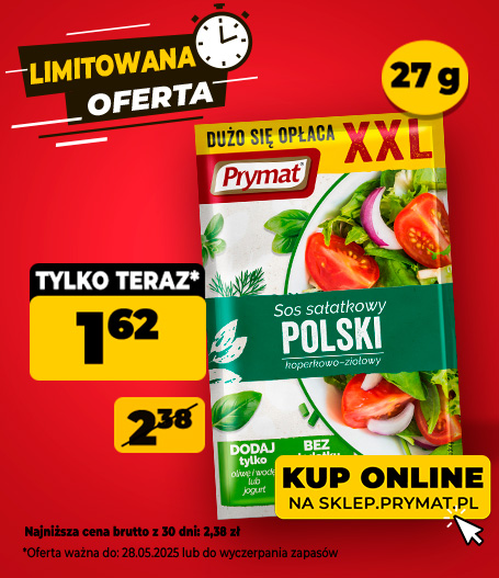 Sos sałatkowy polski koperkowo-ziołowy XXL Prymat 27 g, teraz taniej: 1,62 zł (przed obniżką: 2,38zł). Oferta ważna do 28.05.2025