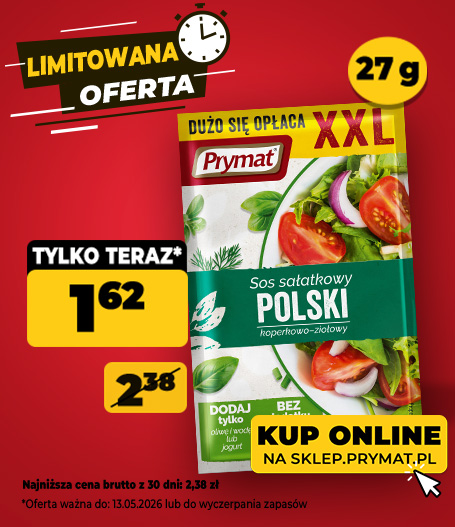 Sos sałatkowy polski koperkowo-ziołowy XXL Prymat 27 g, teraz: 1,62 zł (przed obniżką: 2,38 zł). Tylko do 13.05.2026 lub wyczerpania zapas&oacute;w. Kup online.