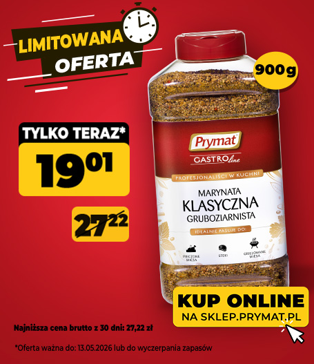 Marynata klasyczna gruboziarnista - suszona mieszanka przyprawowa Prymat GastroLine 900 g, teraz: 19,01 zł (przed obniżką: 27,22 zł). Tylko do 29.04.2026 lub wyczerpania zapas&oacute;w. Kup online.