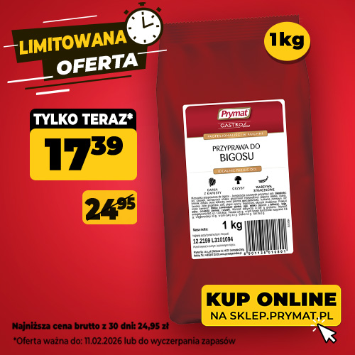 Przyprawa do bigosu Prymat GastroLine 1 kg, teraz: 17,39 zł (przed obniżką: 24,95 zł). Tylko do 11.02.2026 lub wyczerpania zapas&oacute;w. Kup online.