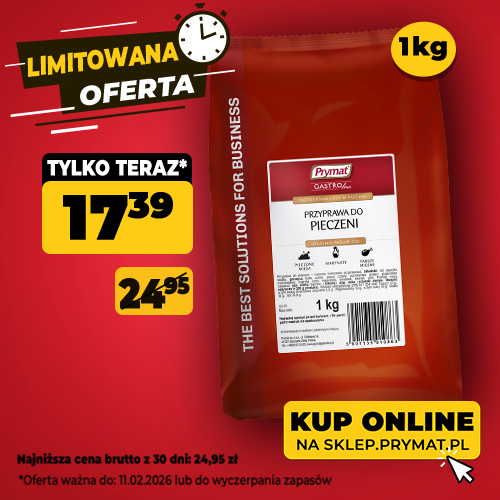 Przyprawa do pieczeni Prymat GastroLine 1 kg, teraz: 17,39 zł (przed obniżką: 24,95 zł). Tylko do 11.02.2026 lub wyczerpania zapas&oacute;w. Kup online.