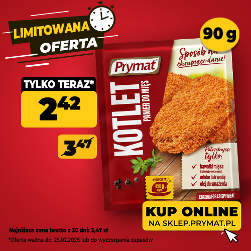 Kotlet – panier do mięs Prymat 90 g, teraz: 2,42 zł (przed obniżką: 3,47 zł). Tylko do 25.02.2026 lub wyczerpania zapasów. Kup online.