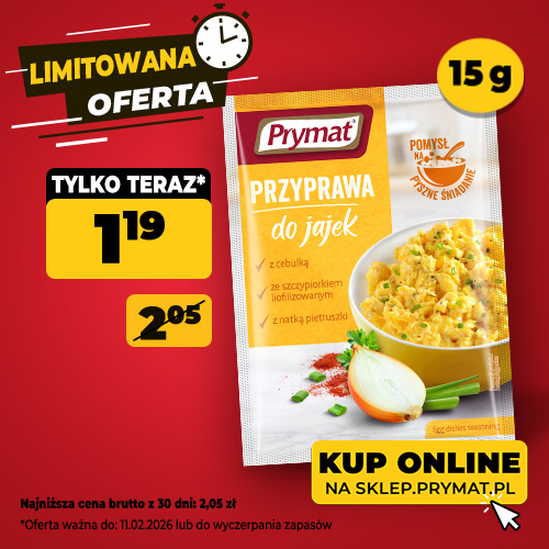 Przyprawa do jajek Prymat 15 g, teraz: 1,08 zł (przed obniżką: 2,05 zł). Tylko do 11.02.2026 lub wyczerpania zapas&oacute;w. Kup online.
