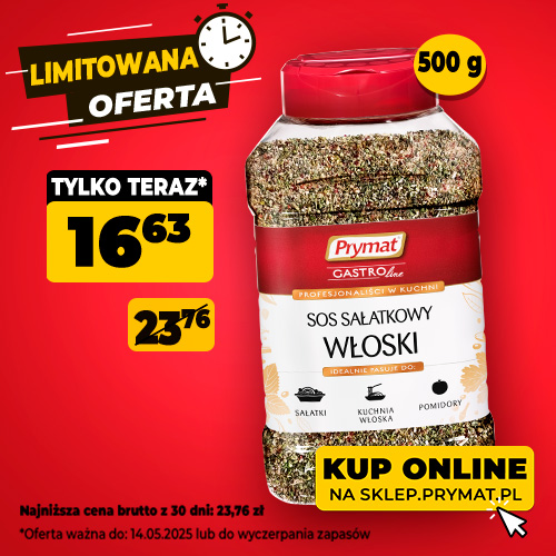 Sos włoski 500 g, teraz 16,63 (cena przed obniżką: 23,76). Oferta ważna do 14.05.2025