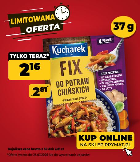FIX do potraw chińskich Kucharek 37 g, teraz: 2,16 zł (przed obniżką: 2,81 zł). Tylko do 25.03.2026 lub wyczerpania zapas&oacute;w. Kup online.