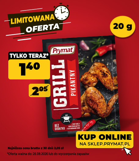 Grill - przyprawa pikantna Prymat 20 g, teraz:1,40 zł (przed obniżką: 2,05 zł). Tylko do 26.08.2026 lub wyczerpania zapas&oacute;w. Kup online.