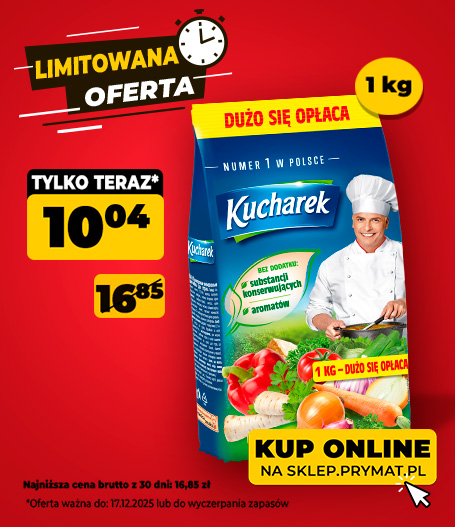 Przyprawa do potraw Kucharek 1 kg, teraz: 10,04 zł (przed obniżką: 16,85 zł). Tylko do 17.12.2025 lub wyczerpania zapasów. Kup online.