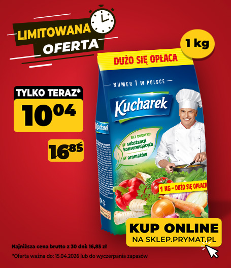 Przyprawa do potraw Kucharek 1 kg, teraz: 10,04 zł (przed obniżką: 16,85 zł). Tylko do 15.04.2026 lub wyczerpania zapasów. Kup online.