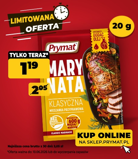 Marynata do mięs klasyczna Prymat 20 g, teraz: 1,19 zł (przed obniżką: 2,05 zł). Tylko do 10.06.2026 lub wyczerpania zapasów. Kup online.