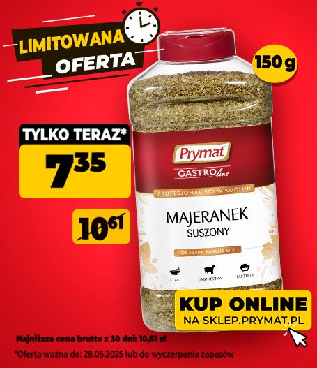  Majeranek suszony Prymat GastroLine 150 g, tylko teraz 7,35 zł (przed obniżką: 10,61 zł). Oferta ważna do 28.05.