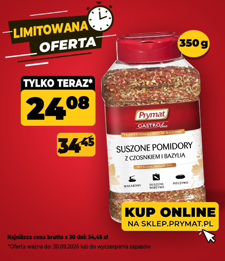 Pomidory suszone z czosnkiem i bazylią Prymat GastroLine 350 g, teraz: 24,08 zł (przed obniżką: 34,45 zł). Tylko do 30.09.2026 lub wyczerpania zapas&oacute;w. Kup online.