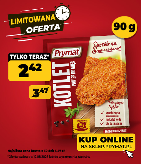 Kotlet &ndash; panier do mięs Prymat 90 g, teraz: 2,42 zł (przed obniżką: 3,47 zł). Tylko do 12.08.2026 lub wyczerpania zapas&oacute;w. Kup online.