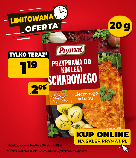 Przyprawa do kotleta schabowego Prymat 20 g, teraz: 1,19 zł (przed obniżką: 2,05 zł). Tylko do 21.01.2026 lub wyczerpania zapas&oacute;w. Kup online.