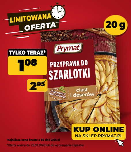 Przyprawa do szarlotki, ciast i deserów Prymat 20 g, teraz: 1,08 zł (przed obniżką: 2,05 zł). Tylko do 29.07.2026 lub wyczerpania zapasów. Kup online.