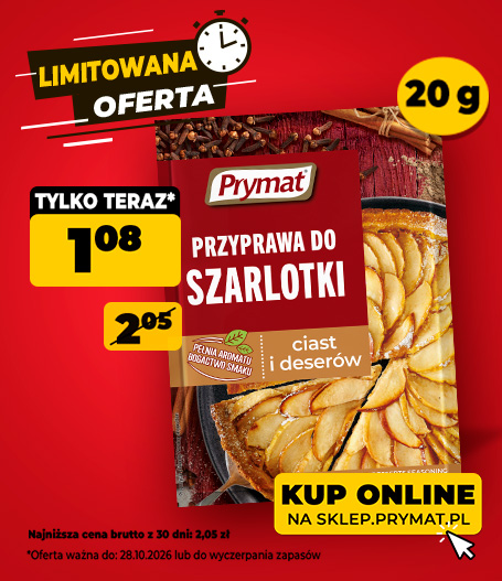 Przyprawa do szarlotki, ciast i deserów Prymat 20 g, teraz: 1,08 zł (przed obniżką: 2,05zł). Tylko do 28.10.2026 lub wyczerpania zapasów. Kup online.