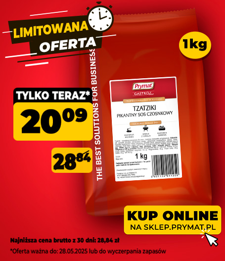 Tzatziki – pikantny sos czosnkowy Prymat GastroLine 1kg, teraz taniej: 20,09 zł (przed obniżką: 28,84 zł). Oferta ważna do 28.05.2025
