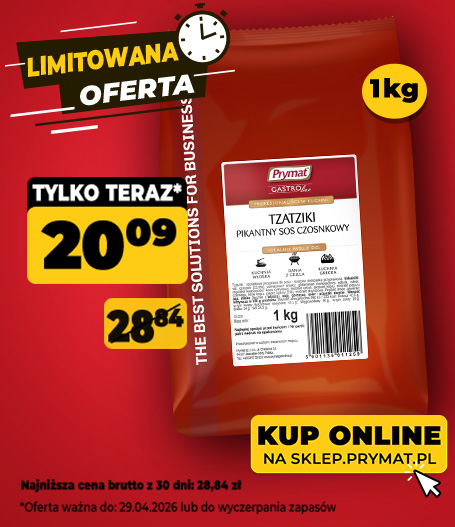 Tzatziki &ndash; pikantny sos czosnkowy Prymat GastroLine 1kg, teraz: 20,09 zł (przed obniżką: 28,84 zł). Tylko do 29.04.2026 lub wyczerpania zapas&oacute;w. Kup online.