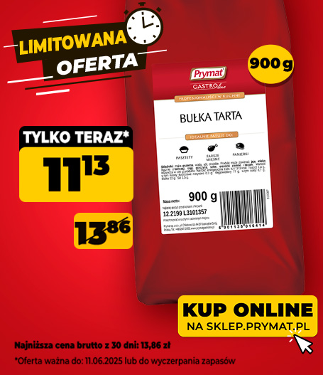 Bułka tarta 900 g Prymat GastroLine, w promocji: 11,13 zł (wcześniej: 13,86 zł). Tylko do 11.06.2025
