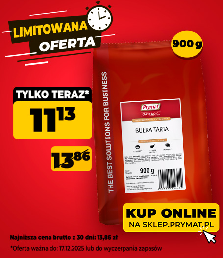 Bułka tarta Prymat GastroLine 900 g, teraz: 11,13 zł (przed obniżką: 13,86 zł). Tylko do 17.12.2025 lub wyczerpania zapasów. Kup online.