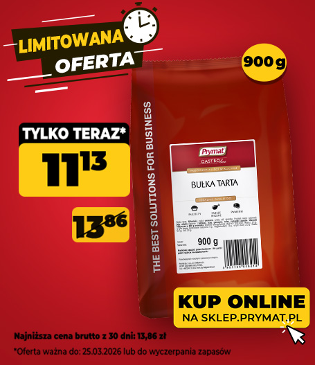 Bułka tarta Prymat GastroLine 900 g, teraz: 11,13 zł (przed obniżką: 13,86 zł). Tylko do 25.03.2026 lub wyczerpania zapas&oacute;w. Kup online.