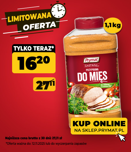 Przyprawa do mięs Prymat GastroLine 1,1 kg, teraz: teraz: 16,20 zł (przed obniżką: 27,11 zł). Tylko do 12.11.2025 lub wyczerpania zapasów. Kup online.