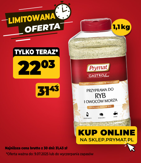 Przyprawa do ryb i owoców morza Prymat GastroLine 900 g, teraz: 22,03 zł (przed obniżką: 31,43 zł). Tylko do 9.07.2025 lub wyczerpania zapasów. Kup online.
