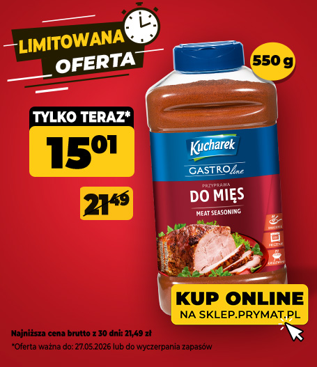  Przyprawa do mięs Kucharek GastroLine 550 g, teraz: 15,01 zł (przed obniżką: 21,49 zł). Tylko do 27.05.2026 lub wyczerpania zapas&oacute;w. Kup online.