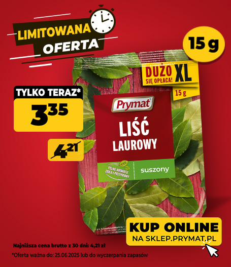 Liść laurowy suszony 15 g Prymat, w promocji: 3,35 zł (wcześniej 4,21 zł). Tylko do 25.06.2025  lub wyczerpania zapasów.