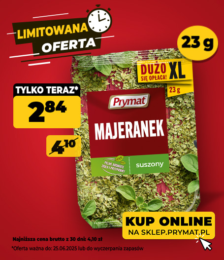 Majeranek suszony 23 g Prymat, w promocji: 2,84 zł (wcześniej: 4,10 zł). Tylko do 25.06.2025 lub wyczerpania zapasów.