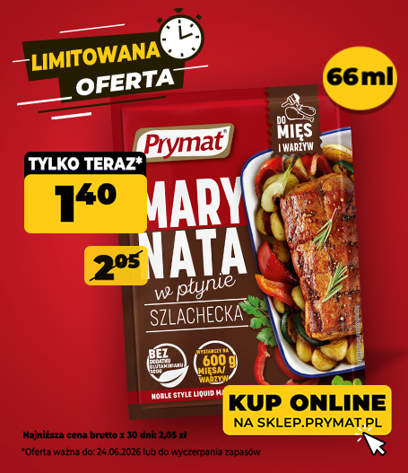 Marynata w płynie szlachecka Prymat 66 ml, teraz: 1,40 zł (przed obniżką: 2,05 zł). Tylko do 24.06.2026 lub wyczerpania zapas&oacute;w. Kup online.