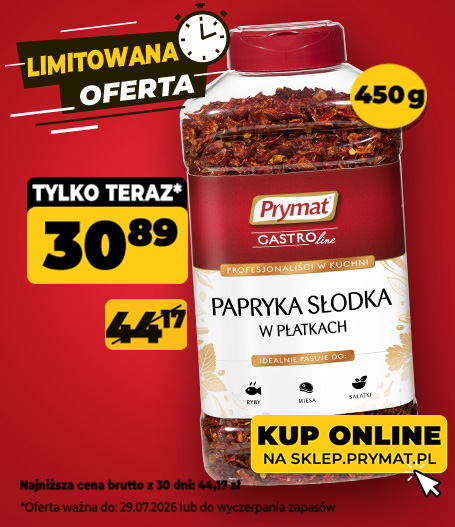 Papryka słodka w płatkach Prymat GastroLine 450 g, teraz: 30,89 zł (przed obniżką: 44,17 zł). Tylko do 29.07.2026 lub wyczerpania zapasów. Kup online.