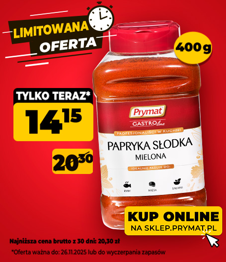 Papryka słodka mielona Prymat GastroLine 400 g, teraz: 13,50 zł (przed obniżką: 22,57 zł). Tylko do 26.11.2025 lub wyczerpania zapasów. Kup online.