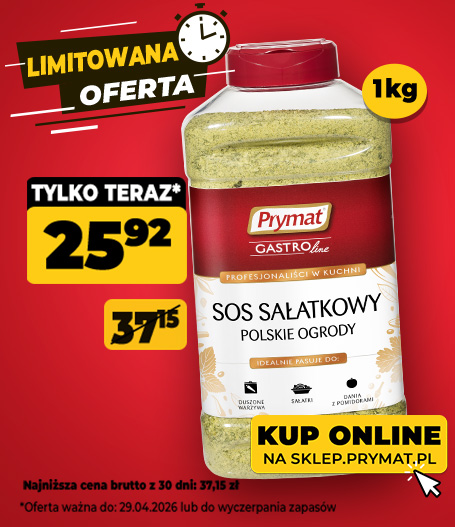 Sos sałatkowy Polskie Ogrody Prymat GastroLine 1 kg, teraz: 37,15 zł (przed obniżką: 25,92 zł). Tylko do 29.04.2026 lub wyczerpania zapas&oacute;w. Kup online.