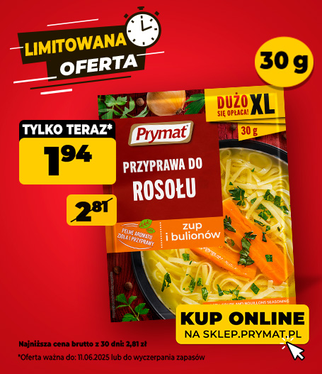 Przyprawa do rosołu 30 g Prymat, w promocji: 1,94 zł (wcześniej: 2,81 zł). Tylko do 11.06.2025