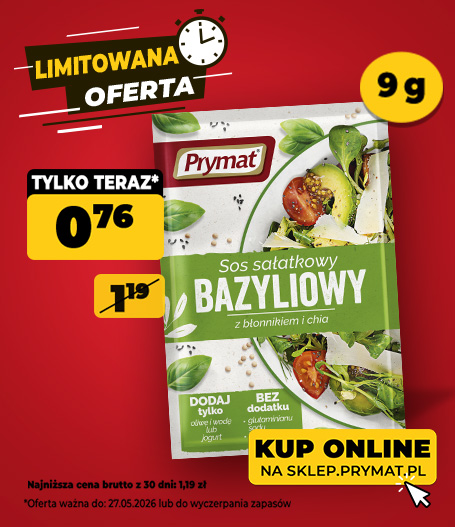 Sos sałatkowy bazyliowy z błonnikiem i chia Prymat 9 g, teraz: 1,62 zł (przed obniżką: 2,38 zł). Tylko do 27.05.2026 lub wyczerpania zapas&oacute;w. Kup online.
