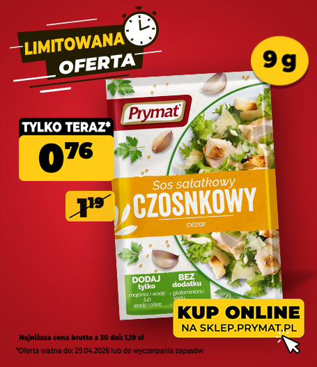 Sos sałatkowy czosnkowy Cezar Prymat 9 g, teraz: 0,76 zł (przed obniżką: 1,19 zł). Tylko do 29.04.2026 lub wyczerpania zapas&oacute;w. Kup online.