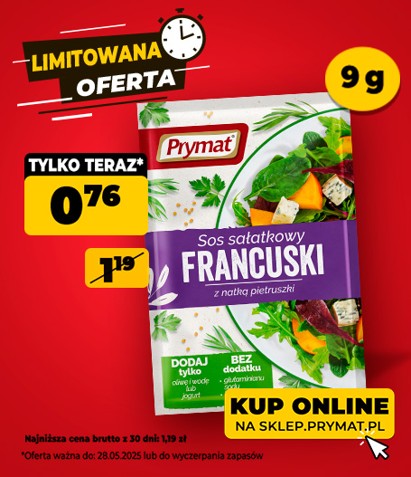 Sos sałatkowy francuski z natką pietruszki Prymat 9 g, teraz taniej: 0,76 zł (przed obniżką: 1,19 zł). Oferta ważna do 28.05.2025