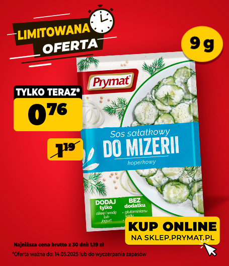 Sos sałatkowy do mizerii 9 g, teraz taniej: 0,76 zł (przed obniżką: 1,19 zł). Oferta ważna do 14.05.2025