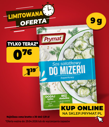 Sos sałatkowy do mizerii koperkowy Prymat 9 g, teraz: 0,76 zł (przed obniżką: 1,19 zł). Tylko do 29.04.2026 lub wyczerpania zapas&oacute;w. Kup online.