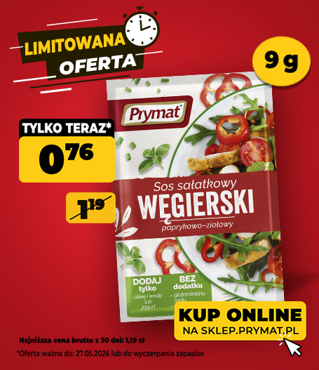 Sos sałatkowy węgierski paprykowo-ziołowy Prymat 9 g, teraz: 0,76 zł (przed obniżką: 1,19 zł). Tylko do 27.05.2026 lub wyczerpania zapas&oacute;w. Kup online.