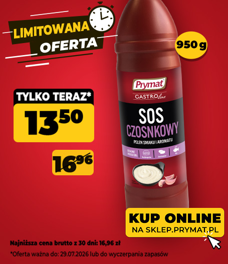 Sos czosnkowy Prymat GastroLine 950 g, teraz: 13,50 zł (przed obniżką: 16,96 zł). Tylko do 29.07.2026 lub wyczerpania zapasów. Kup online.