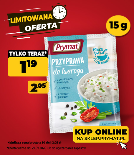 Przyprawa do twarogu Prymat 15 g, teraz: 1,19 zł (przed obniżką: 2,05 zł). Tylko do 29.07.2026 lub wyczerpania zapasów. Kup online.