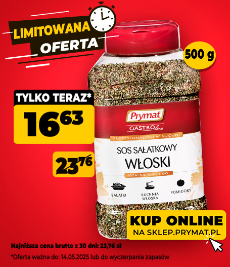 Sos sałatkowy włoski 500 g, tylko teraz 16,63 zł (przed obniżką: 23,76 zł). Oferta ważna do 14.05.